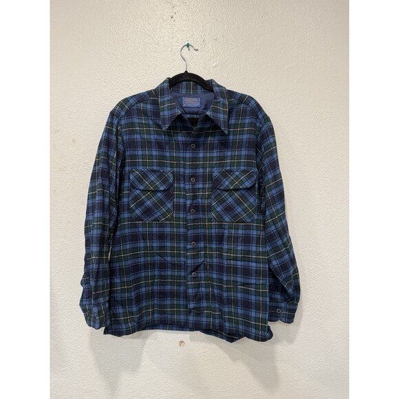 Pendleton Men’s Vintage Board Shirt Loop Collar Blue Plaid Wool USA Large - Picture 1 of 8